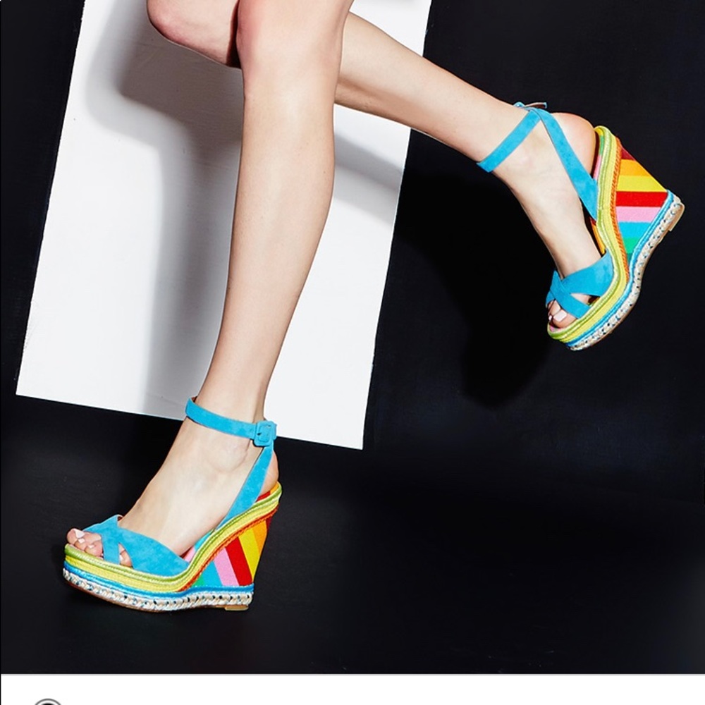 VALENTINO
Multicolor Rainbow Leather/Canvas 1973 Espadrille Slingback Wedges 37